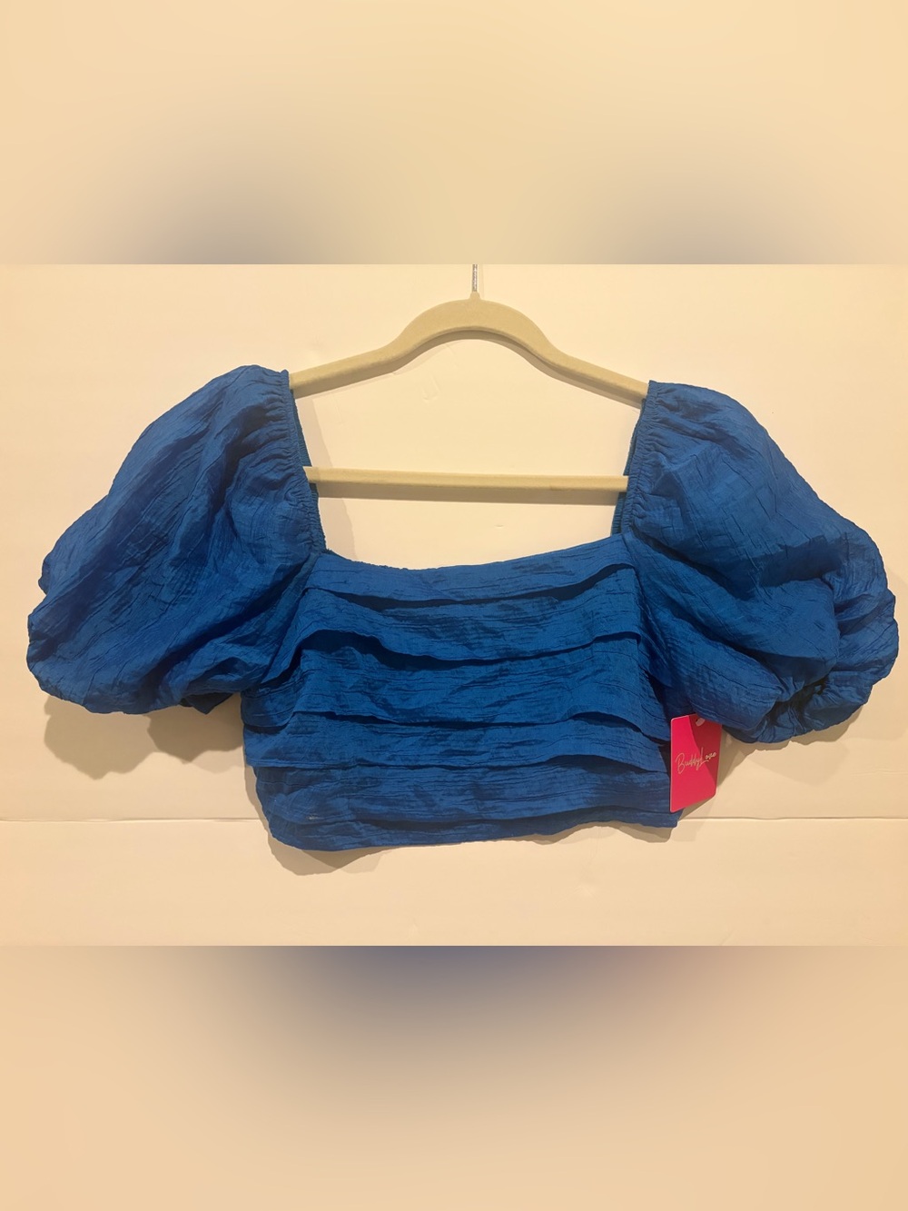 BuddyLove Royal Blue Puff Sleeve Smocked Crop Top Size S NWT